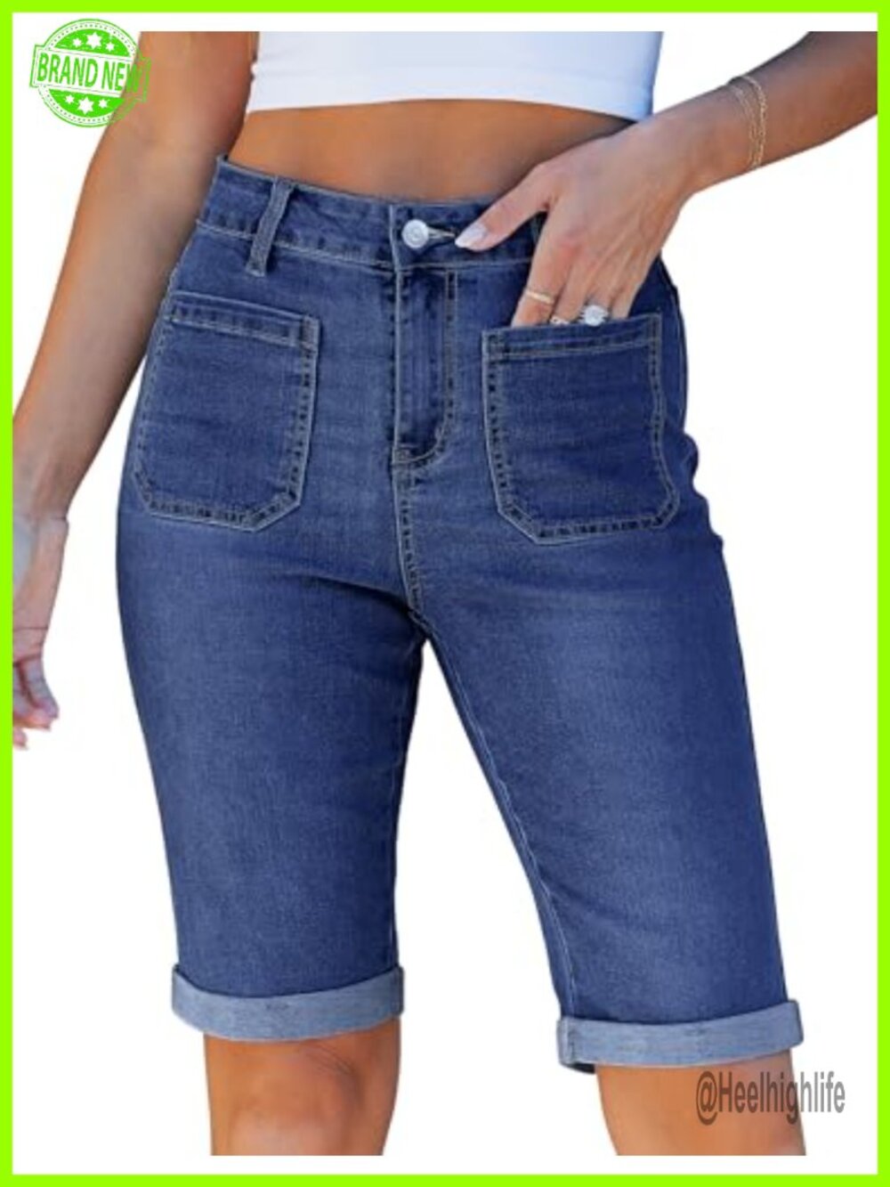 High Waisted Bermuda Jean Shorts Stretchy Knee Length Cuffed Hem